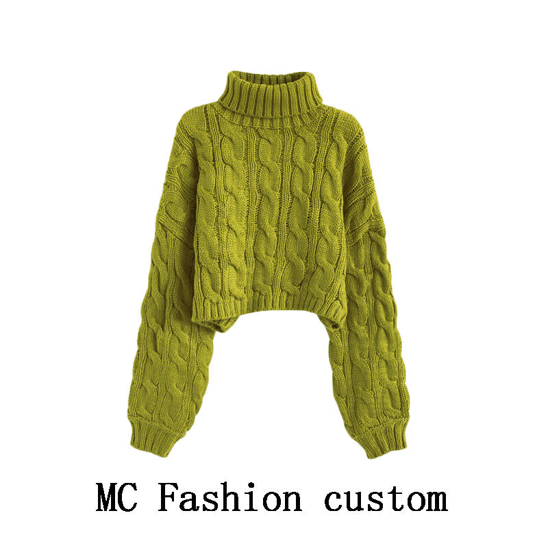 Turtleneck Pullover Short Cable-knit Sweater Women