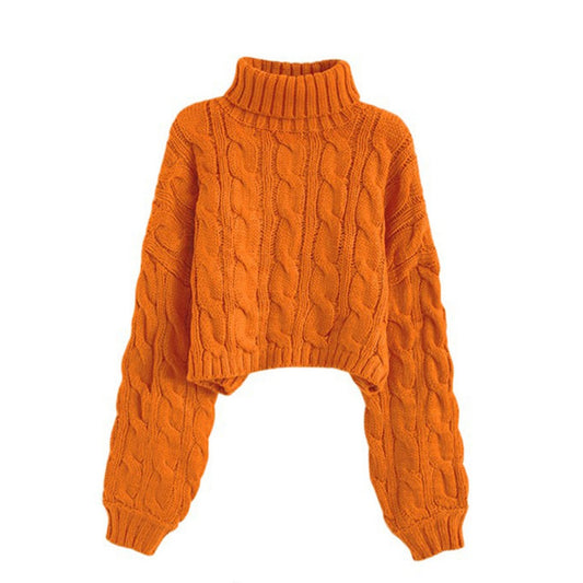 Turtleneck Pullover Short Cable-knit Sweater Women