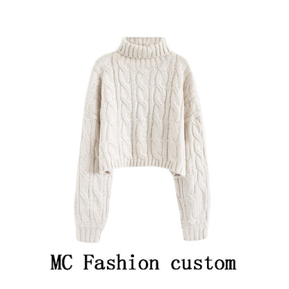 Turtleneck Pullover Short Cable-knit Sweater Women