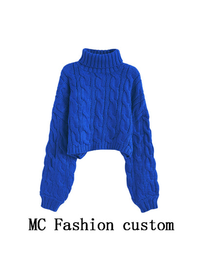 Turtleneck Pullover Short Cable-knit Sweater Women