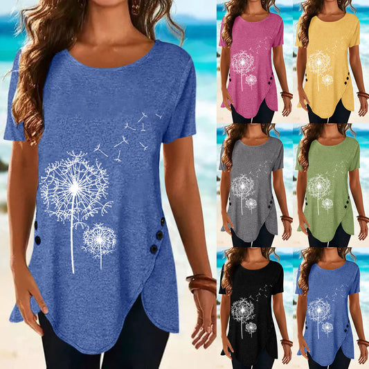 Dandelion Print Short Sleeve Button Down T-shirt Summer