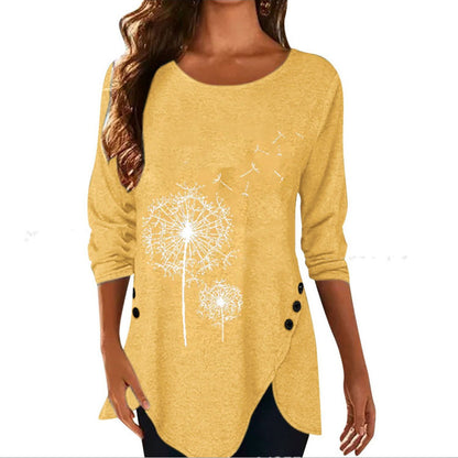 Dandelion Print Short Sleeve Button Down T-shirt Summer
