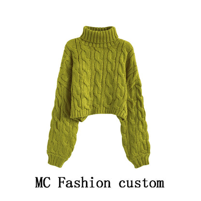 Turtleneck Pullover Short Cable-knit Sweater Women