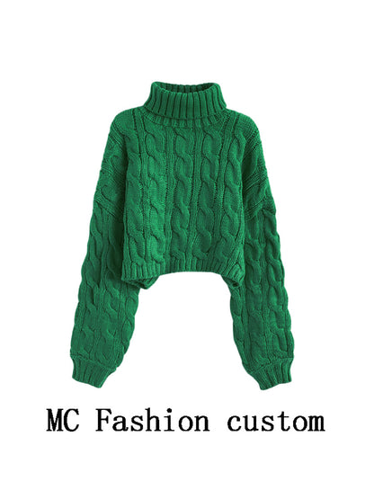 Turtleneck Pullover Short Cable-knit Sweater Women