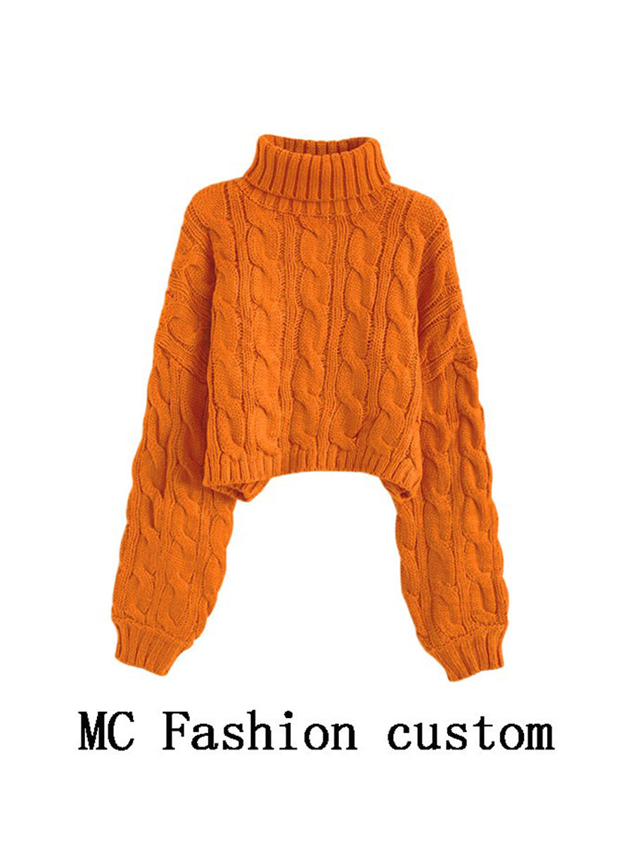Turtleneck Pullover Short Cable-knit Sweater Women