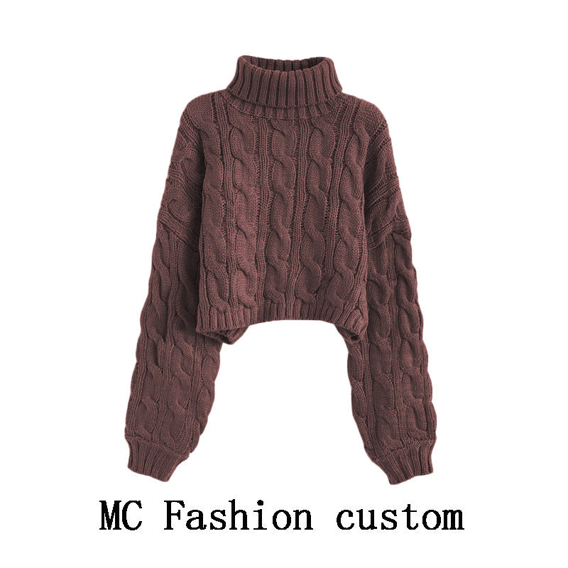 Turtleneck Pullover Short Cable-knit Sweater Women
