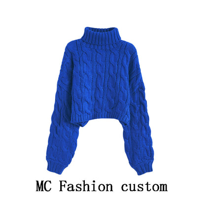 Turtleneck Pullover Short Cable-knit Sweater Women