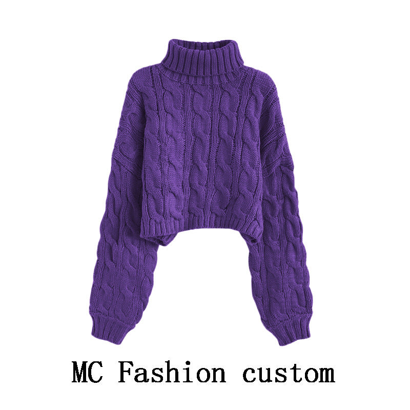 Turtleneck Pullover Short Cable-knit Sweater Women