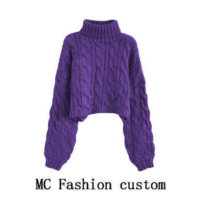 Turtleneck Pullover Short Cable-knit Sweater Women
