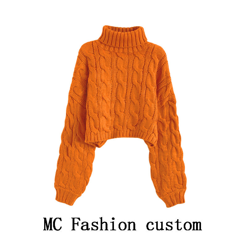 Turtleneck Pullover Short Cable-knit Sweater Women