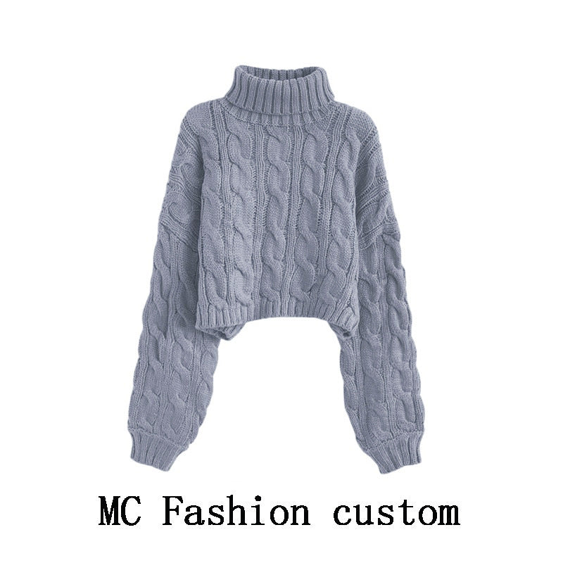 Turtleneck Pullover Short Cable-knit Sweater Women