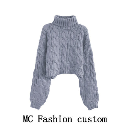Turtleneck Pullover Short Cable-knit Sweater Women